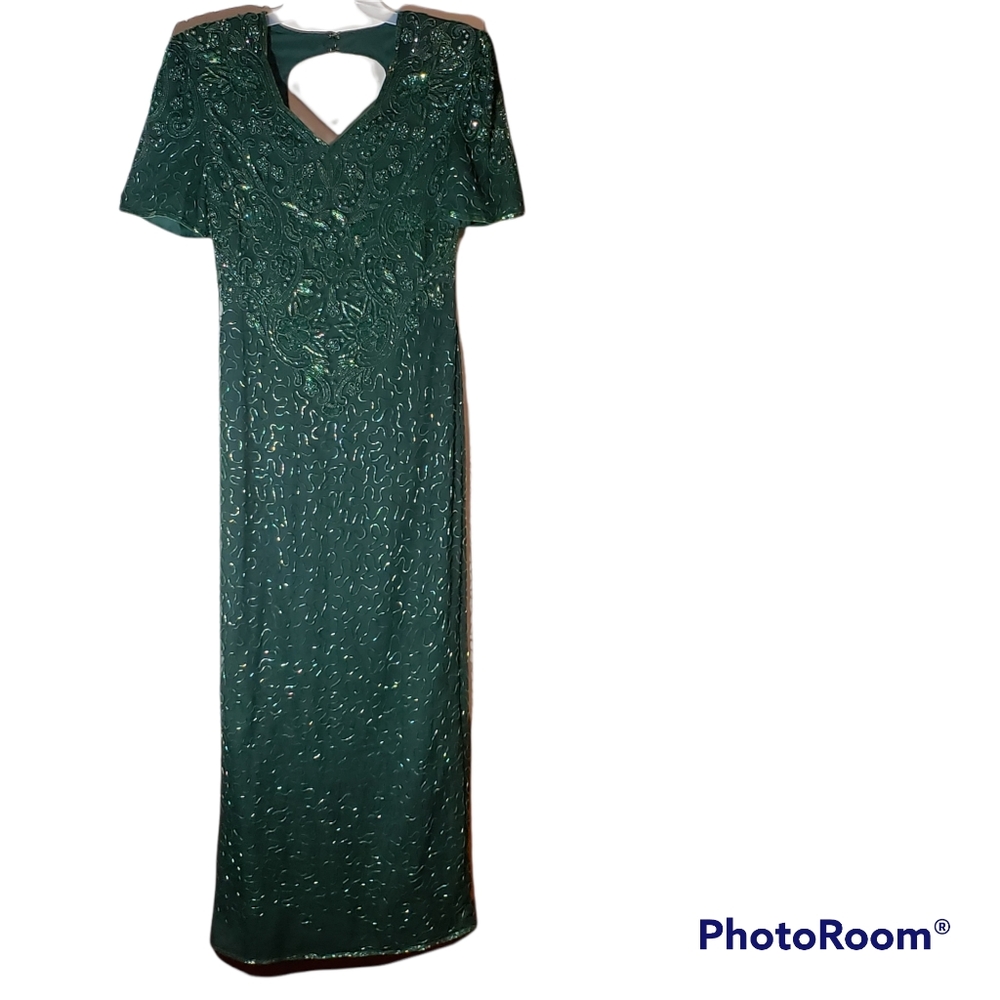 Scala women's sexy beautiful green beaded v-neck  medium evening gown.